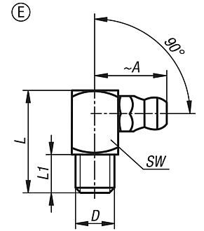 Niple com bico dosador de lubrificação em forma de cone, de acordo com a norma DIN 71412, forma E, ângulo de 90°, quadrado