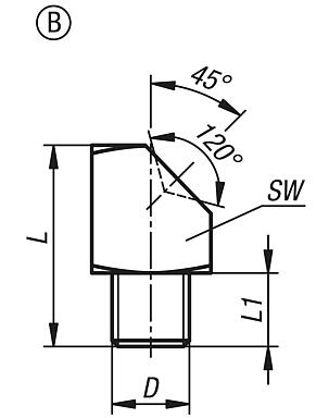 Niple com bico dosador de lubrificação em forma de funil, de acordo com a norma DIN 3405, forma B, ângulo de 45°