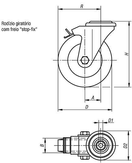 Rodízio giratório com freio "stop-ﬁx"