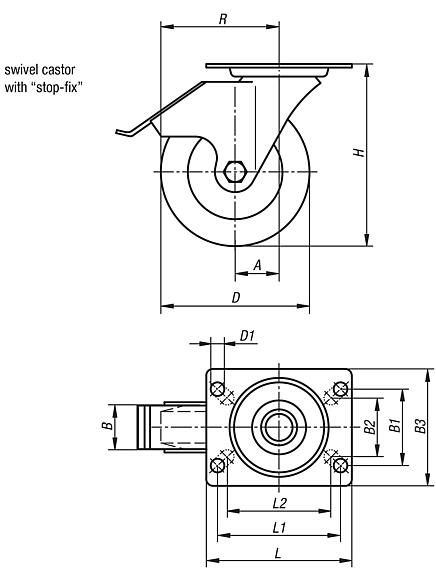 Steel plate swivel castors with stop-fix and soft rubber tyres