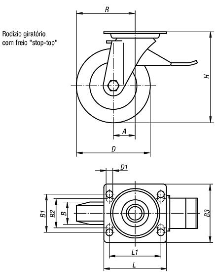 Rodízio giratório com freio "stop top"