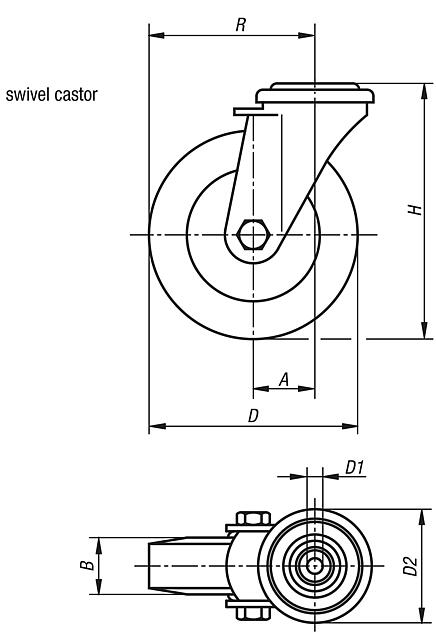 Swivel castors, stainless steel, with bolt hole, without lock system, with polyurethane tread, for sterile areas