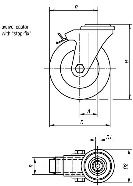 Swivel castors, stainless steel, with bolt hole, stop fix and polyurethane tread, for sterile areas