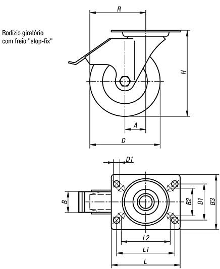 Rodízio industrial giratório com stop-fix para o setor de higiene