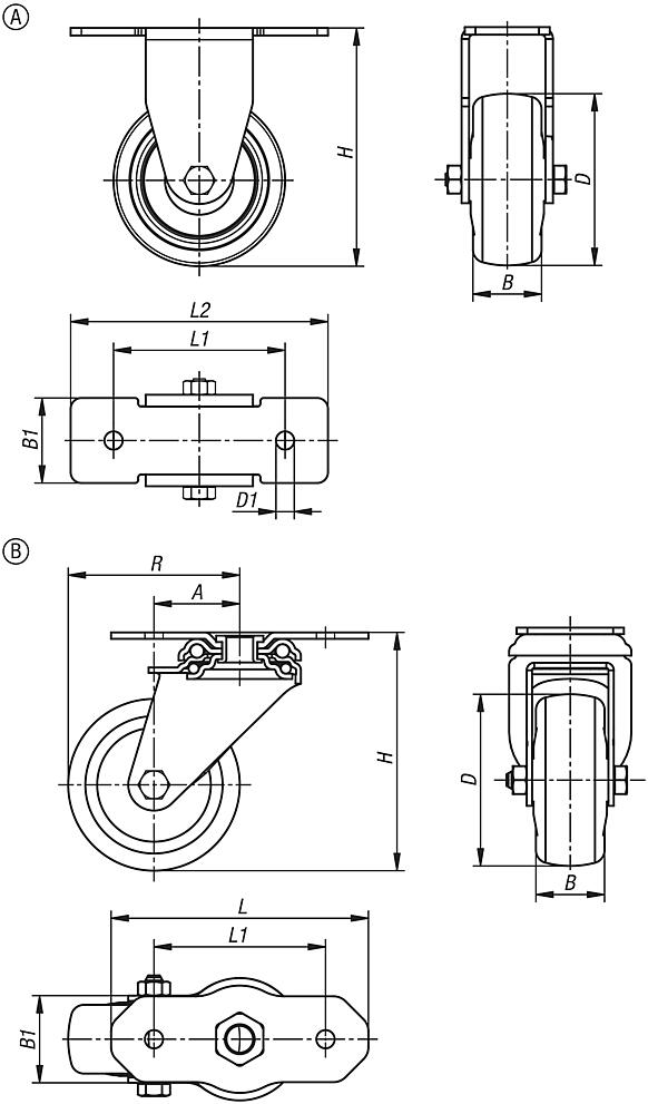Swivel and fixed equipment castors, steel with TPE tread, for aluminium profiles