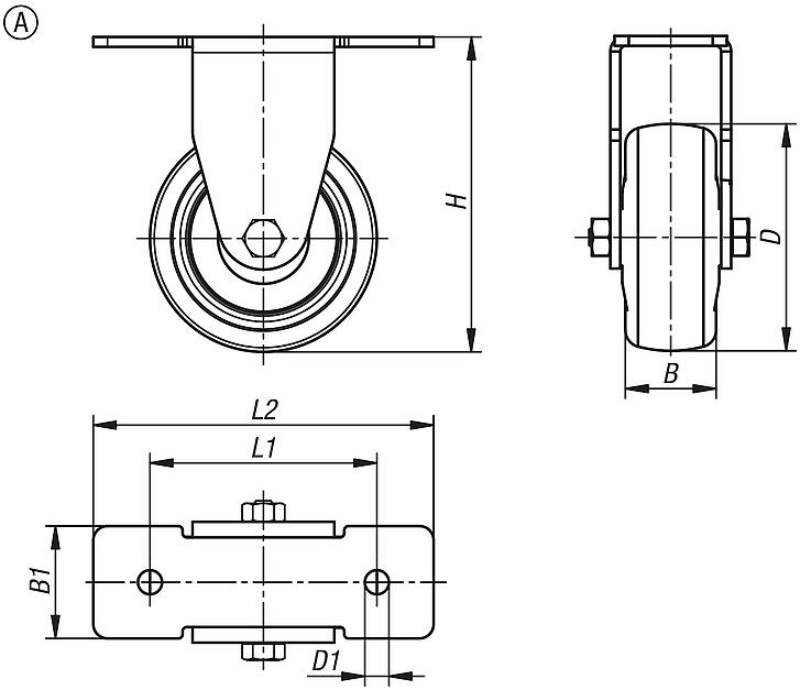 Swivel and fixed equipment castors, steel with elastic solid rubber tread, for aluminium profiles, Form A