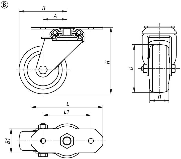Swivel and fixed equipment castors, steel with TPE tread, for aluminium profiles, Form B