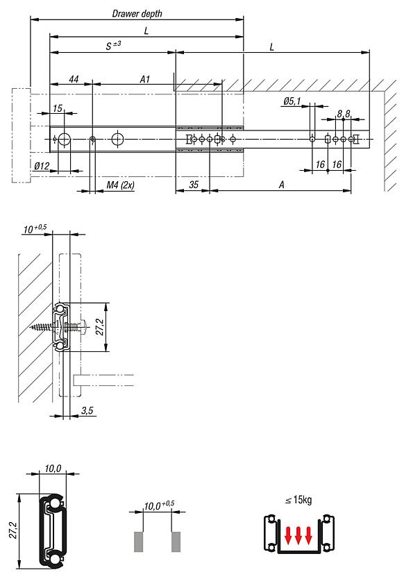 Telescopic slides, partial extension, loading up to 15 kg