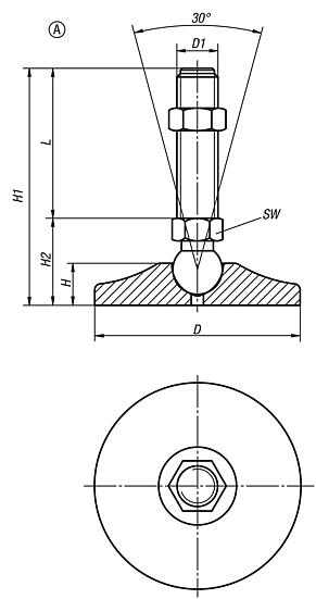 Pés niveladores articulados, forma A
