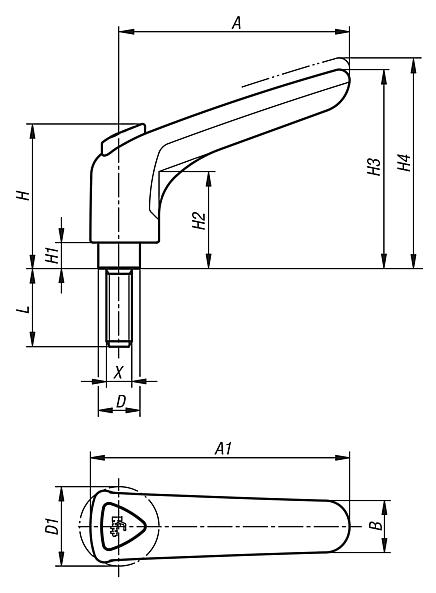 Alavancas de aperto de plástico, ergonômicas, com rosca macho, inserto roscado de aço inoxidável