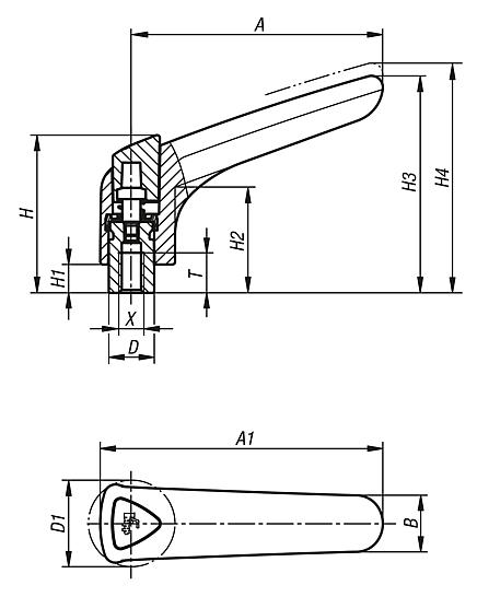 Clamping levers, plastic, ergonomic, with internal thread, threaded insert blue passivated steel