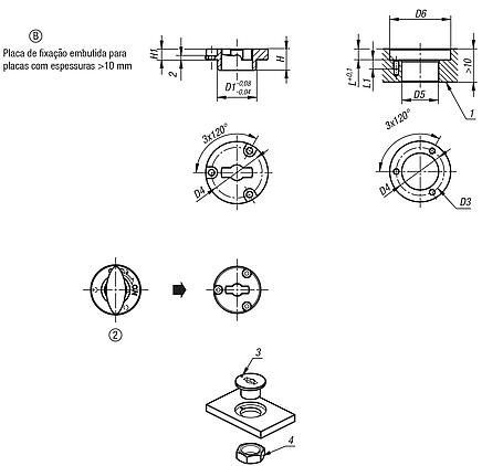 Placas de fixação embutidas adequadas para travas rotativas de fixação modelo on/off