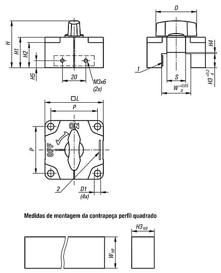 Fixador de deslize para perfil quadrado, botão rotativo laranja