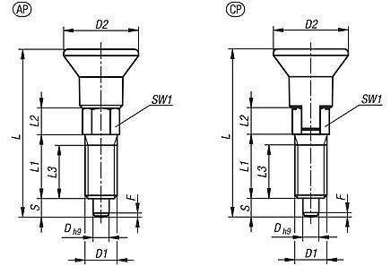 Indexing plungers ECO, steel or stainless steel with plastic mushroom grip and thread lock