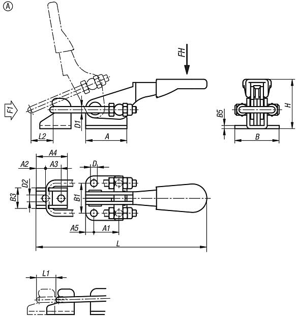 Grampo esticador horizontal com contra-gancho, Forma A