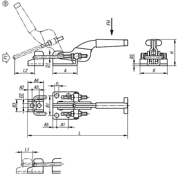 Grampo esticador horizontal com contra-gancho, Forma B