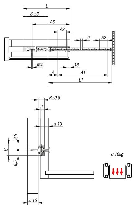 Telescopic slides, steelfor slot mounting, partial extension, load capacity up to 10 kg