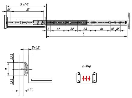 Telescopic slides, steelfor side mounting, full extension, load capacity up to 30 kg