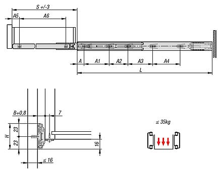 Telescopic slides, steelfor surface mounting, full extension, load capacity up to 35 kg