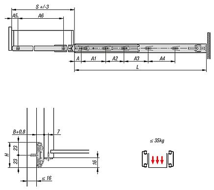 Telescopic slides, steelfor surface mounting, full extension, load capacity up to 35 kg