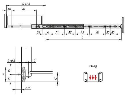 Telescopic slides, steelfor surface mounting, over-extension, load capacity up to 60 kg