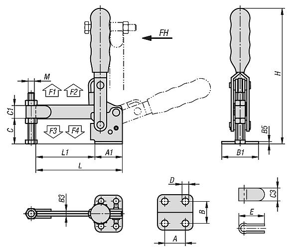 Grampo rápido vertical com base horizontal e braço de aperto com haste fechada