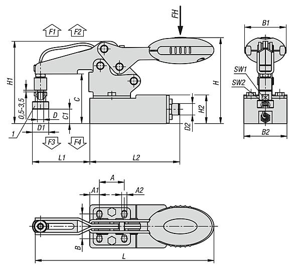 Toggle clamps, horizontal, stainless steel with force sensor