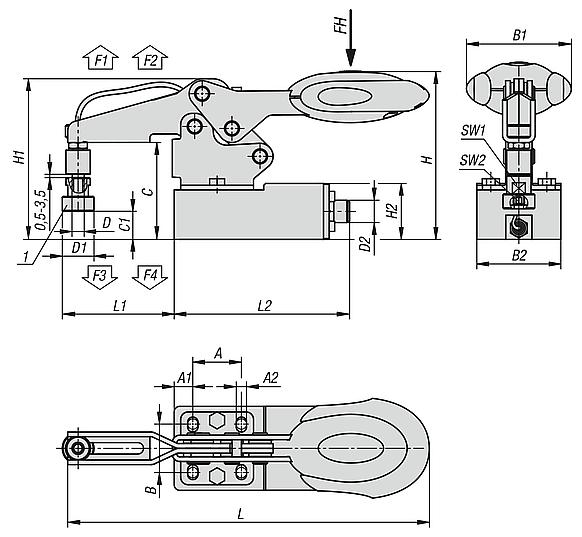 Toggle clamps, horizontal, stainless steel with safety interlock and force sensor