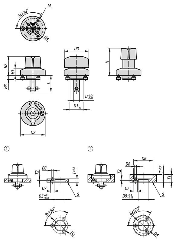 Travas rotativas de fixação (modelo on/off) em aço inoxidável, cabeça rotativa em plástico