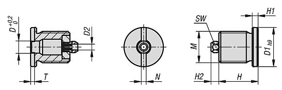 Locating bushes, stainless steel for status sensor, for ball lock pins with twist knob